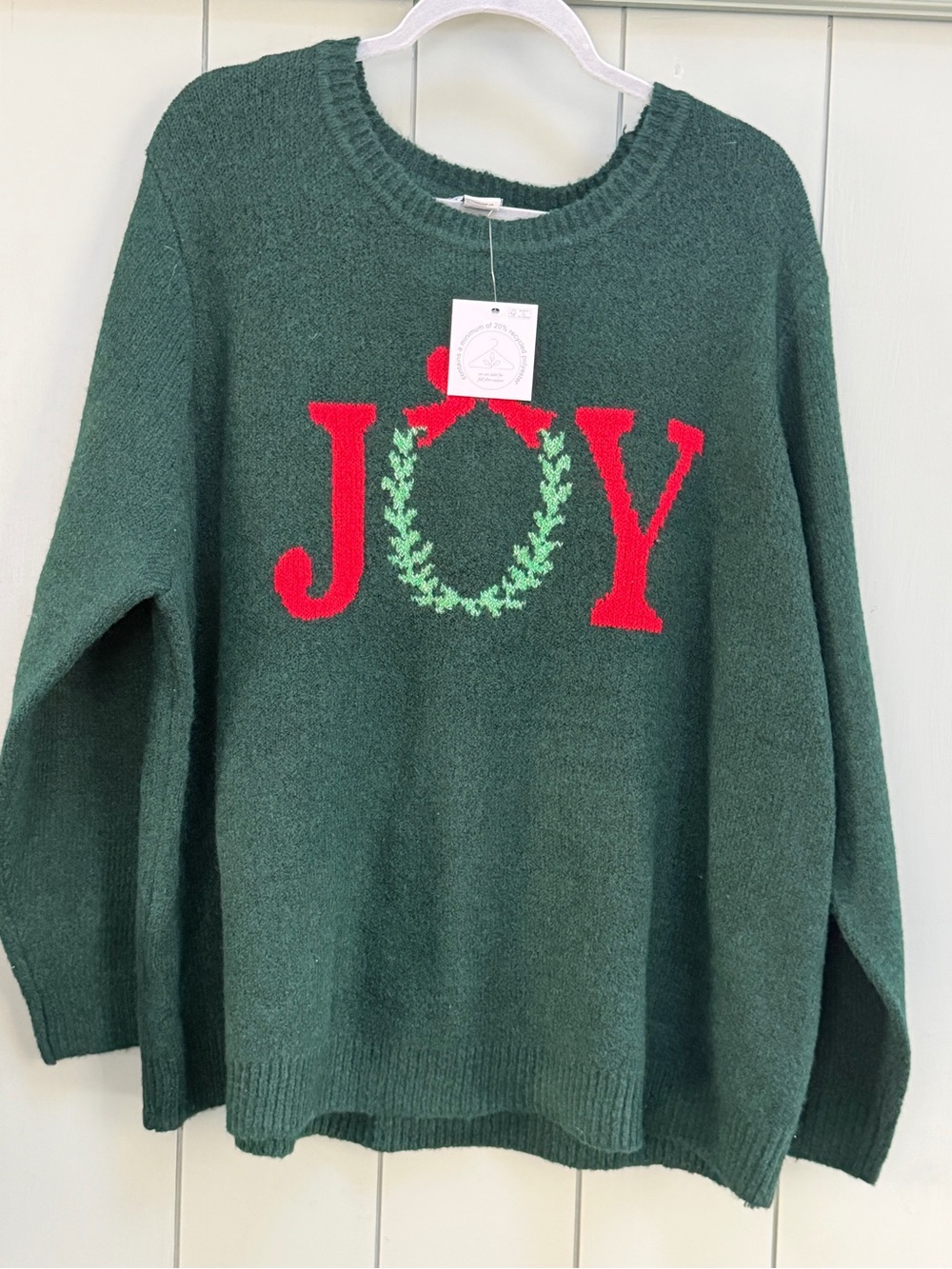 cupcakes & cashmere Green 'JOY' Wreath Crewneck Sweater with Red Letters